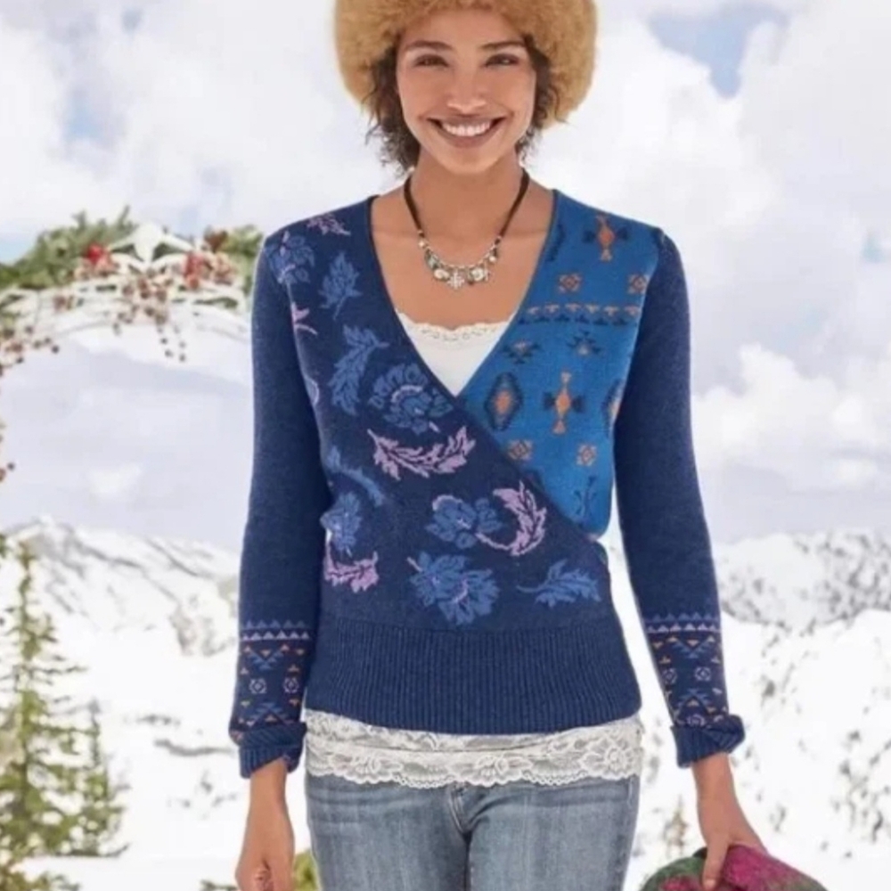 Sundance Galaxy Delight Surplice Sweater S Blue Merino Wool Blend Faux Wrap